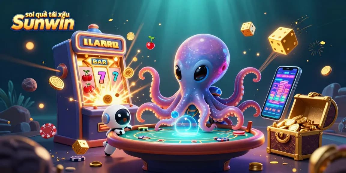Engaging 3D illustration of soi cầu tài xỉu Sunwin with an alien octopus and dynamic casino elements.