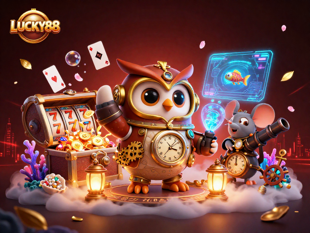 Play with LUCKY88 in an immersive casino scene featuring enchanted characters and vibrant game elements