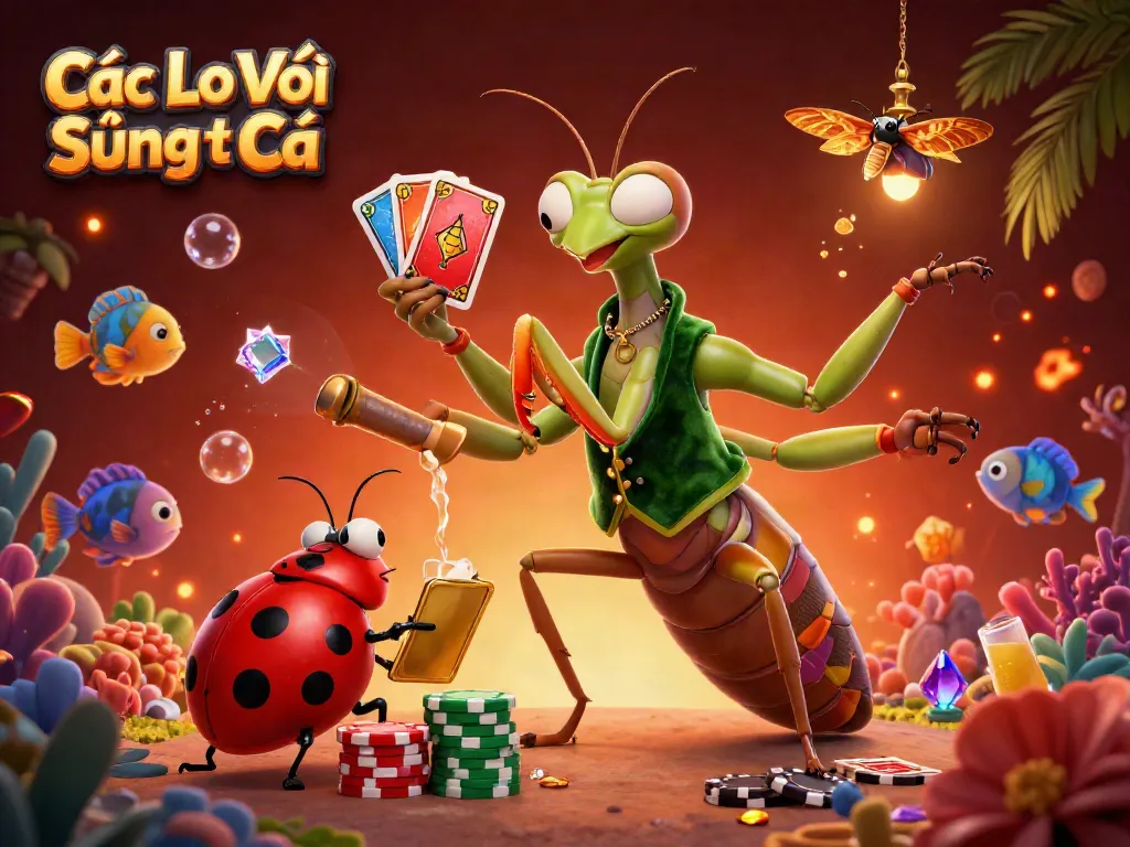 Các Loại Súng Bắn Cá showcased in a vibrant underwater scene with a mantis card sharp, fish, and vibrant fish game elements.