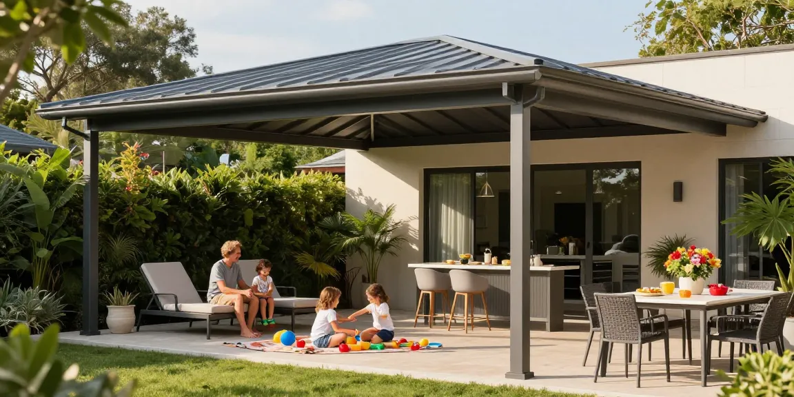 Terrassenüberdachungen in einer sonnigen Familienszene mit Picknick und Spielzeugen.