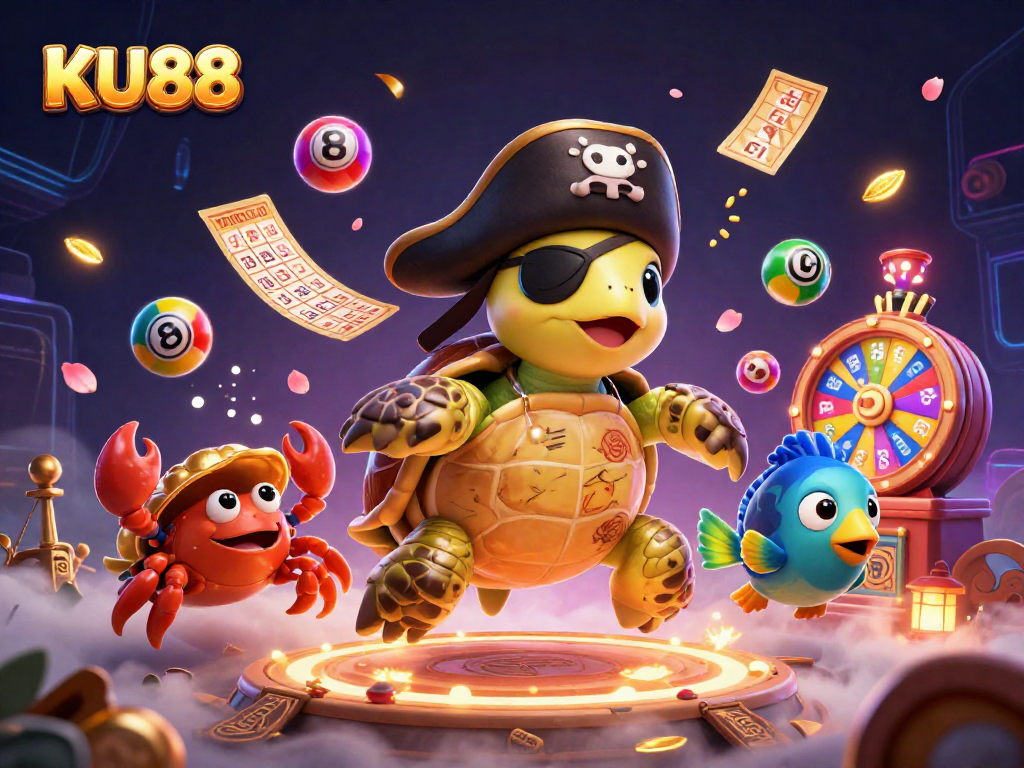 Experience exciting gaming action with KU88 in a vibrant underwater treasure scene filled with colorful lottery symbols.