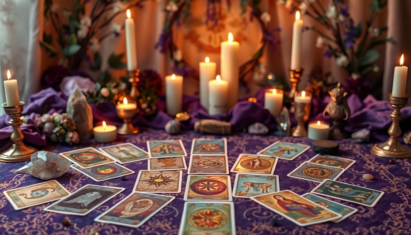 Tarotkarten bedeutung wird durch eine künstlerische Lesung mit mystischen Elementen hervorgehoben.