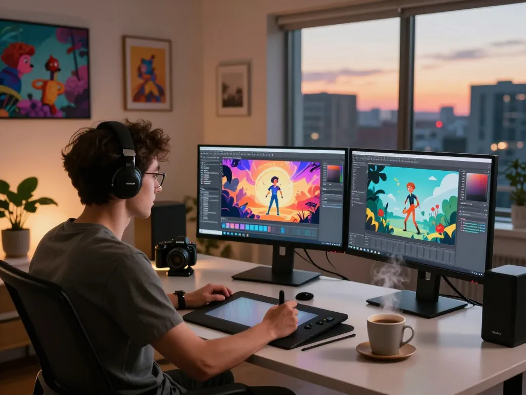 Kling 2.6 motion control in action at a creative workspace, showcasing vibrant animations and innovative technology.