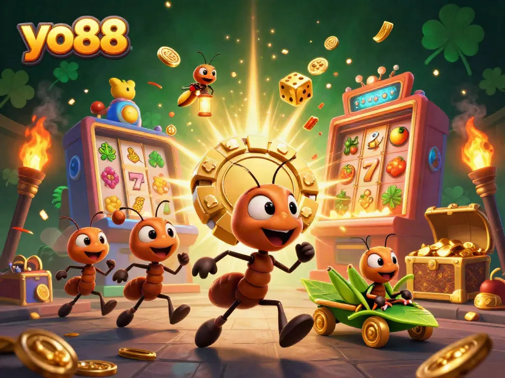 Experience thrilling gameplay at yo88 with a dynamic 3D scene featuring cartoon ants carrying a giant poker chip and colorful slot elements.