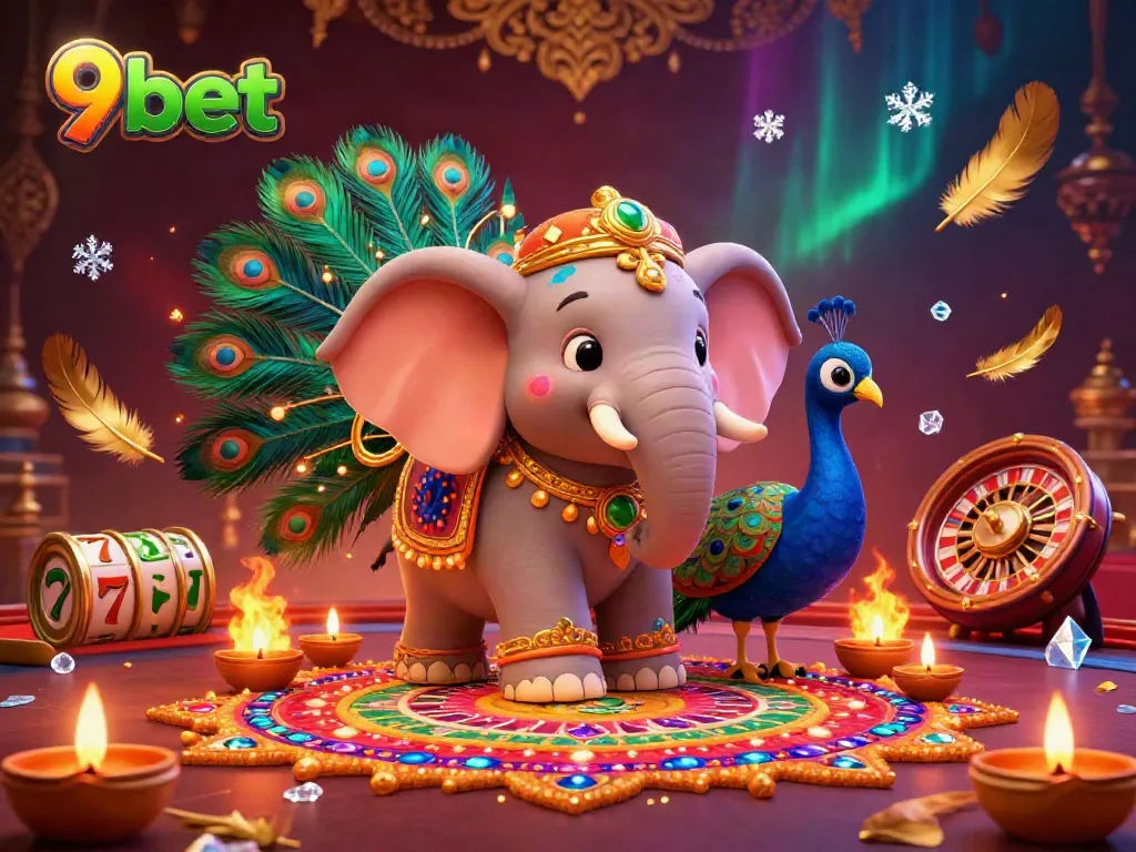 Win big with 9bet in an engaging live casino scene featuring colorful symbolic elements.