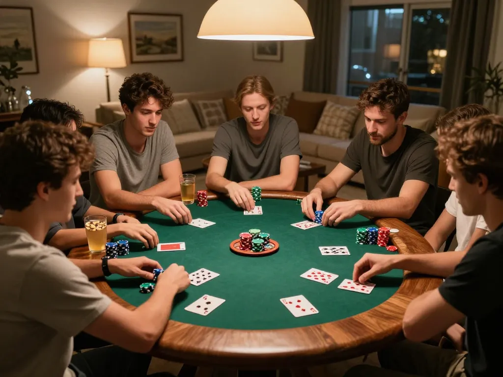 A thrilling home game night with friends playing poker at nhà cái 789bet, showcasing strategy and camaraderie.