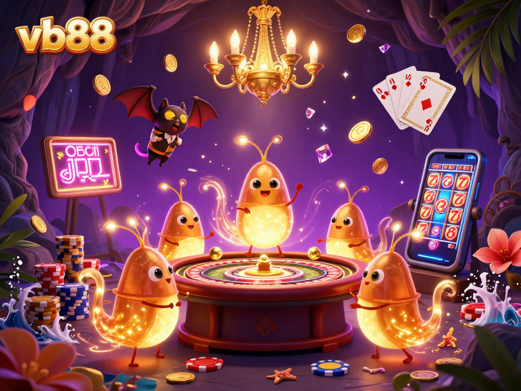 Experience the excitement of vb88 with vibrant glowworms illuminating a lively cave casino.