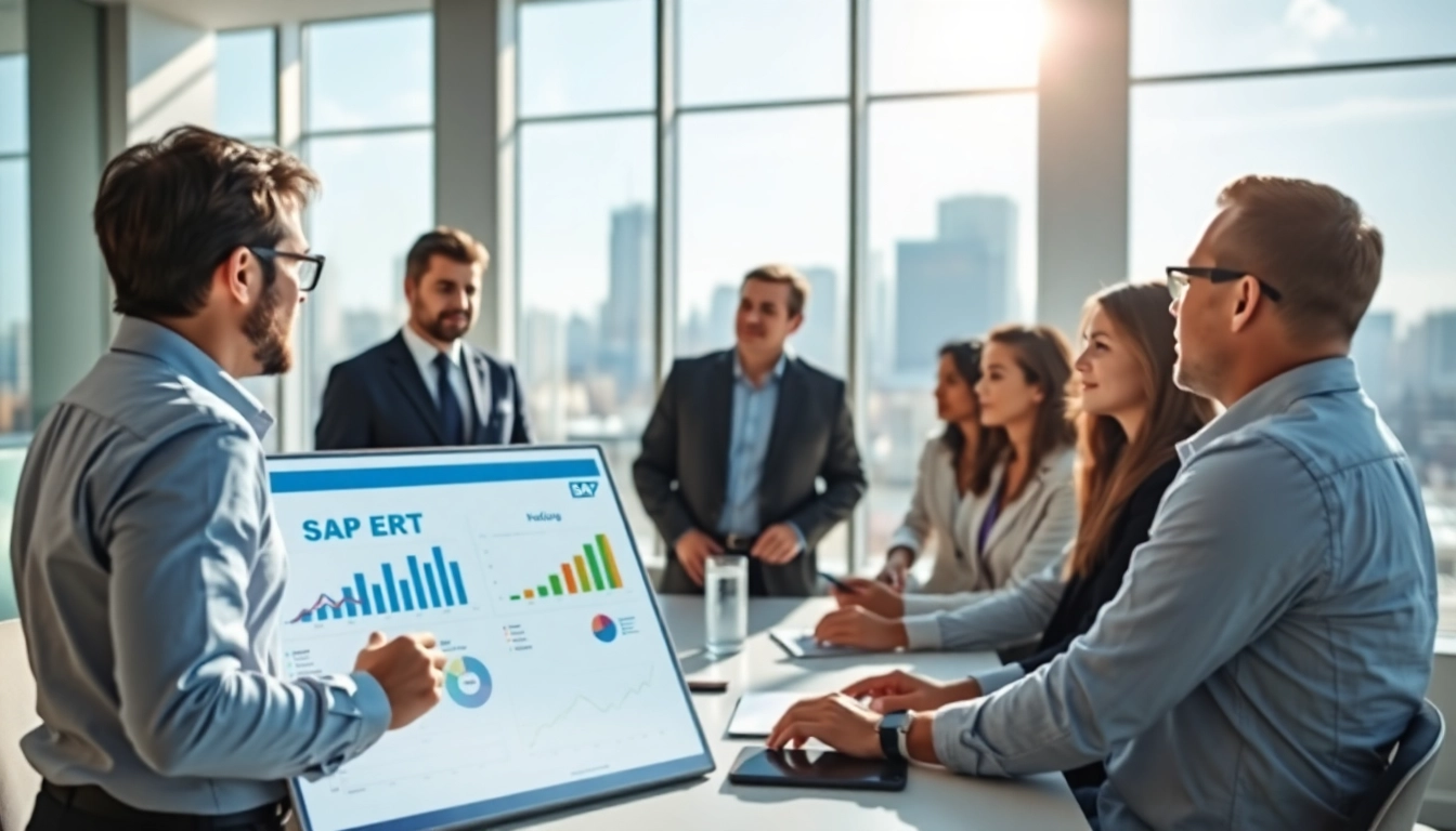 Effektive Diskussion ueber SAP ERP in einem modernen Buero mit Fachleuten und digitalen Tools.