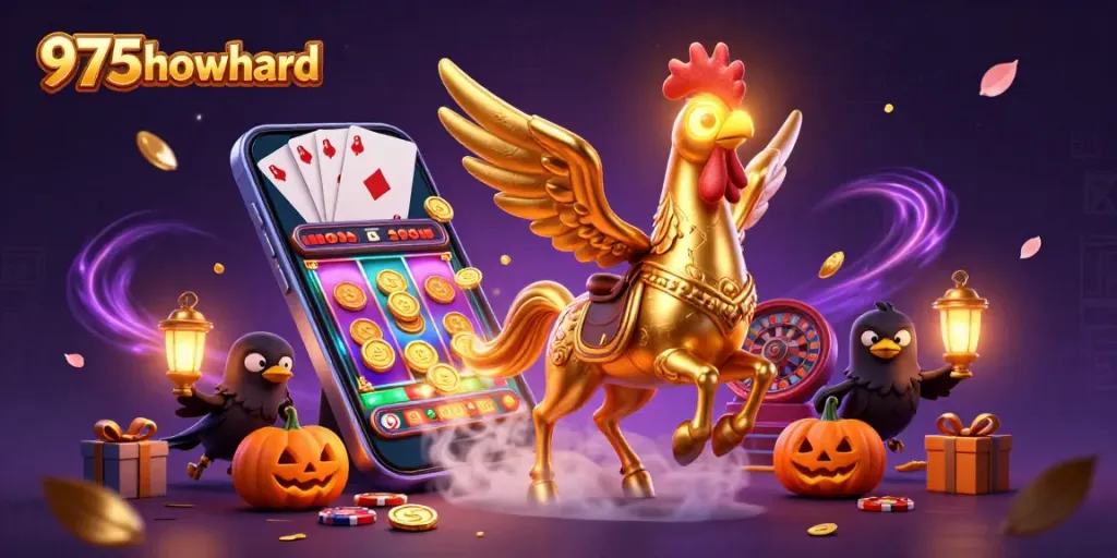 Engage with vibrant, animated casino adventure featuring 975howard's golden rooster and dynamic gaming symbols.