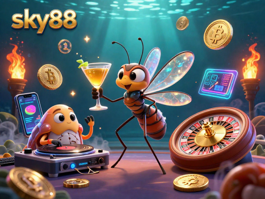 Sky88 casino scene showcasing a 3D frozen mosquito mascot, trilobite DJ, and golden elements.