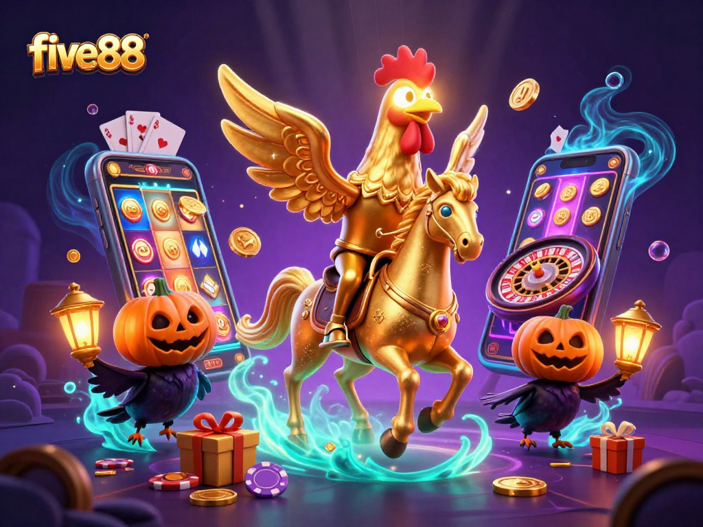 Experience the excitement of five88 as a golden rooster navigates a midnight casino filled with vibrant game elements.