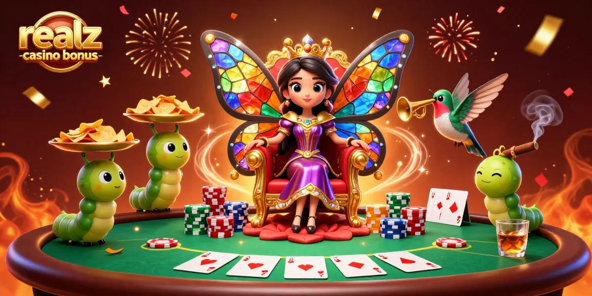 Erlebe den realz casino bonus mit einer lebendigen 3D-Illustration von einer Schmetterlingskönigin und Spieltischen.