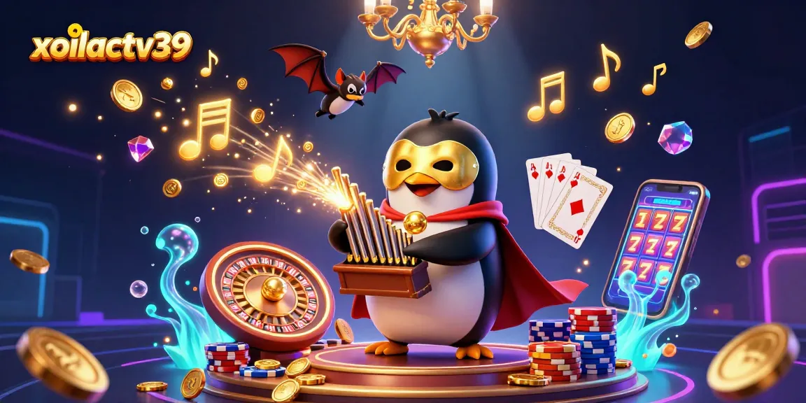 xoilactv39 casino scene featuring a phantom penguin enjoying a golden coin shower and roulette action.
