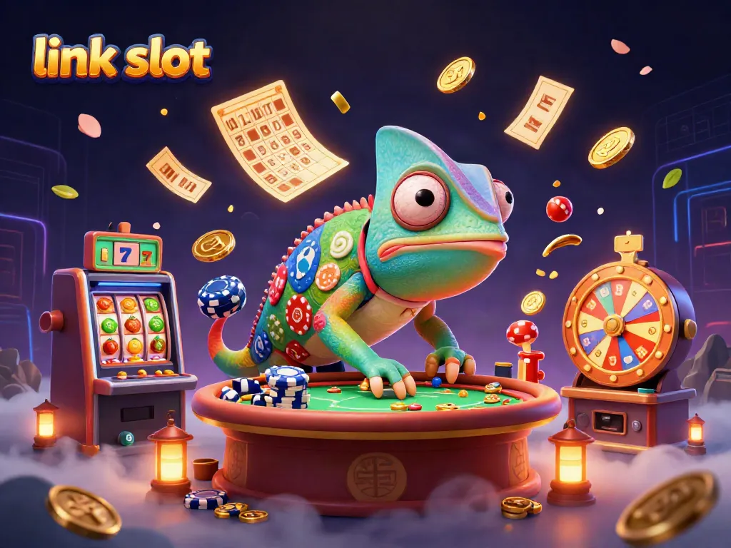 Engage with the vibrant link slot scene, where a chameleon casino owner captures golden coins amidst dynamic slot elements and colorful decor.