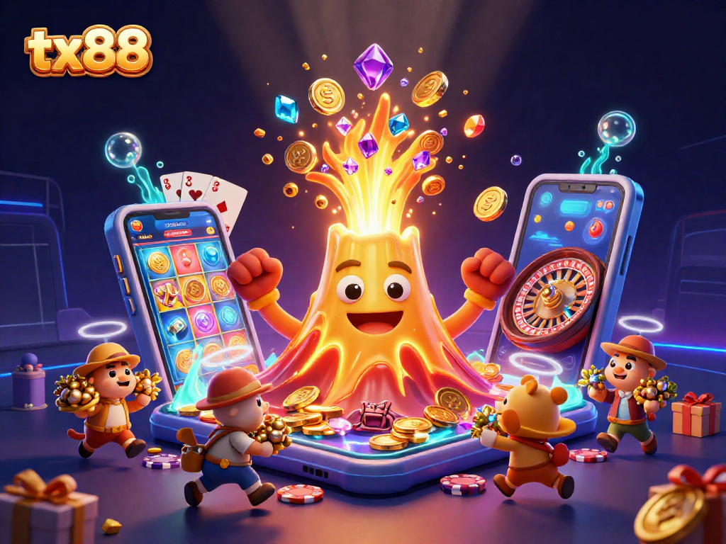 Explore winning slots and games with tx88 at this vibrant casino illustration.
