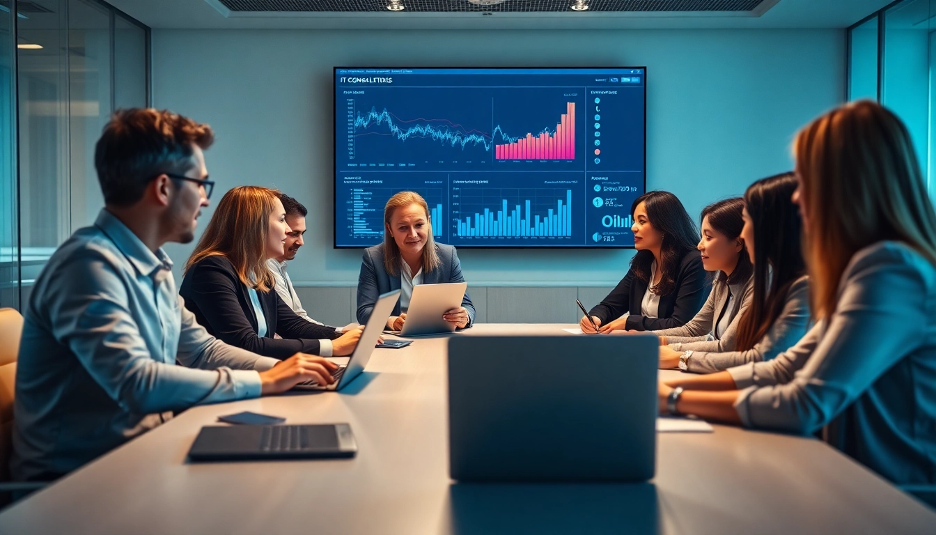 IT Consulting Team strategizing in a bright modern office.