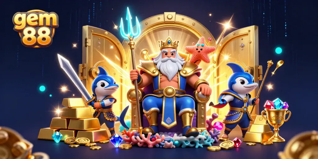 Experience excitement at gem 88 with Neptune and treasure amidst vibrant casino elements.