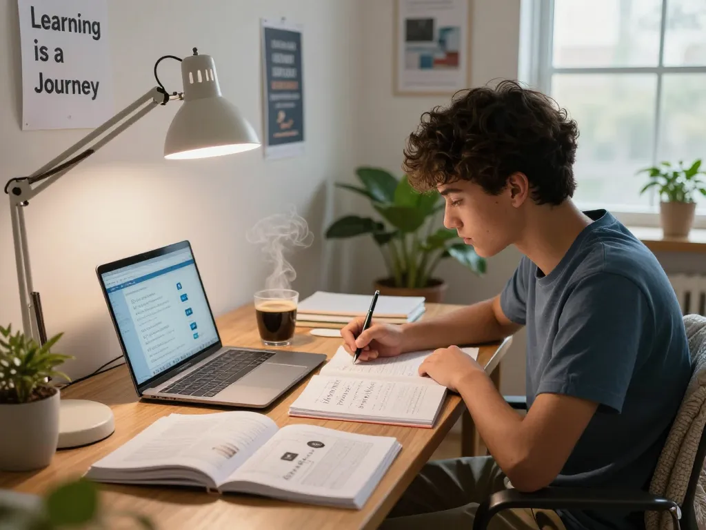 Student nutzt KI-Tools, um Hausaufgaben in einem hellen Lernraum mit Lehrbüchern und Laptop zu lösen.