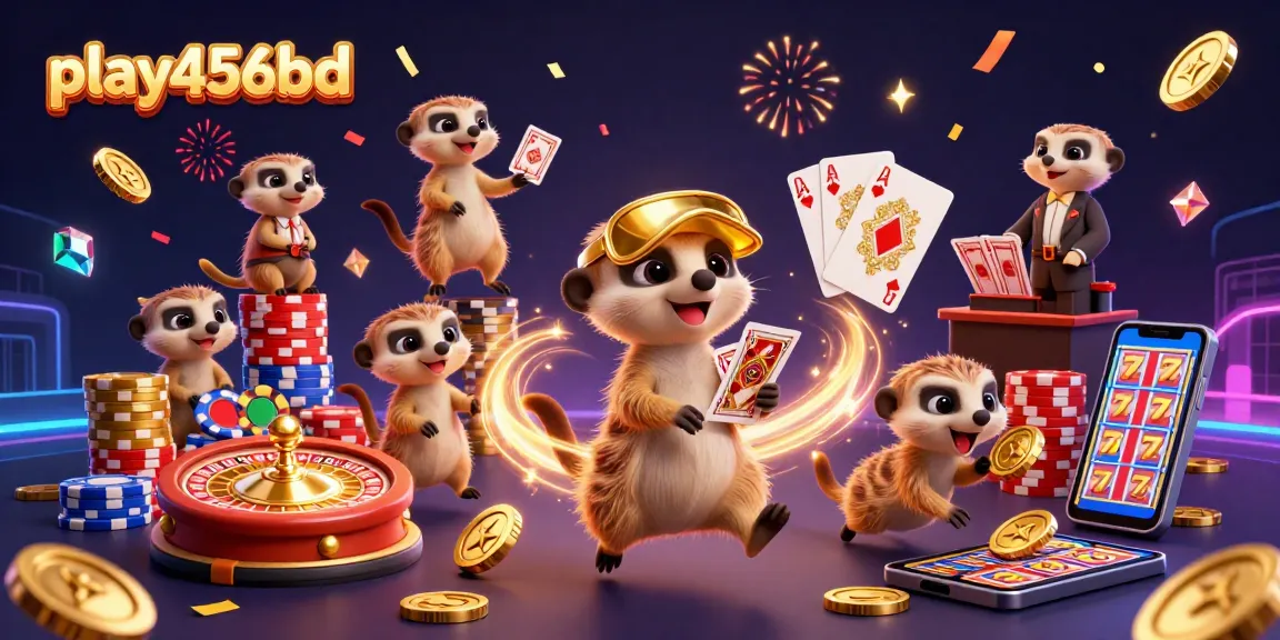 Engage with play456bd as meerkats create a vibrant casino scene featuring cards, coins, and excitement.