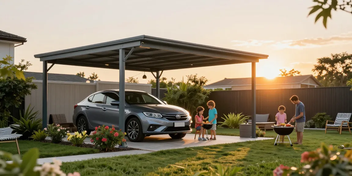 Moderne Carports bieten Schutz für Fahrzeuge und sind Teil eines einladenden Gartens.