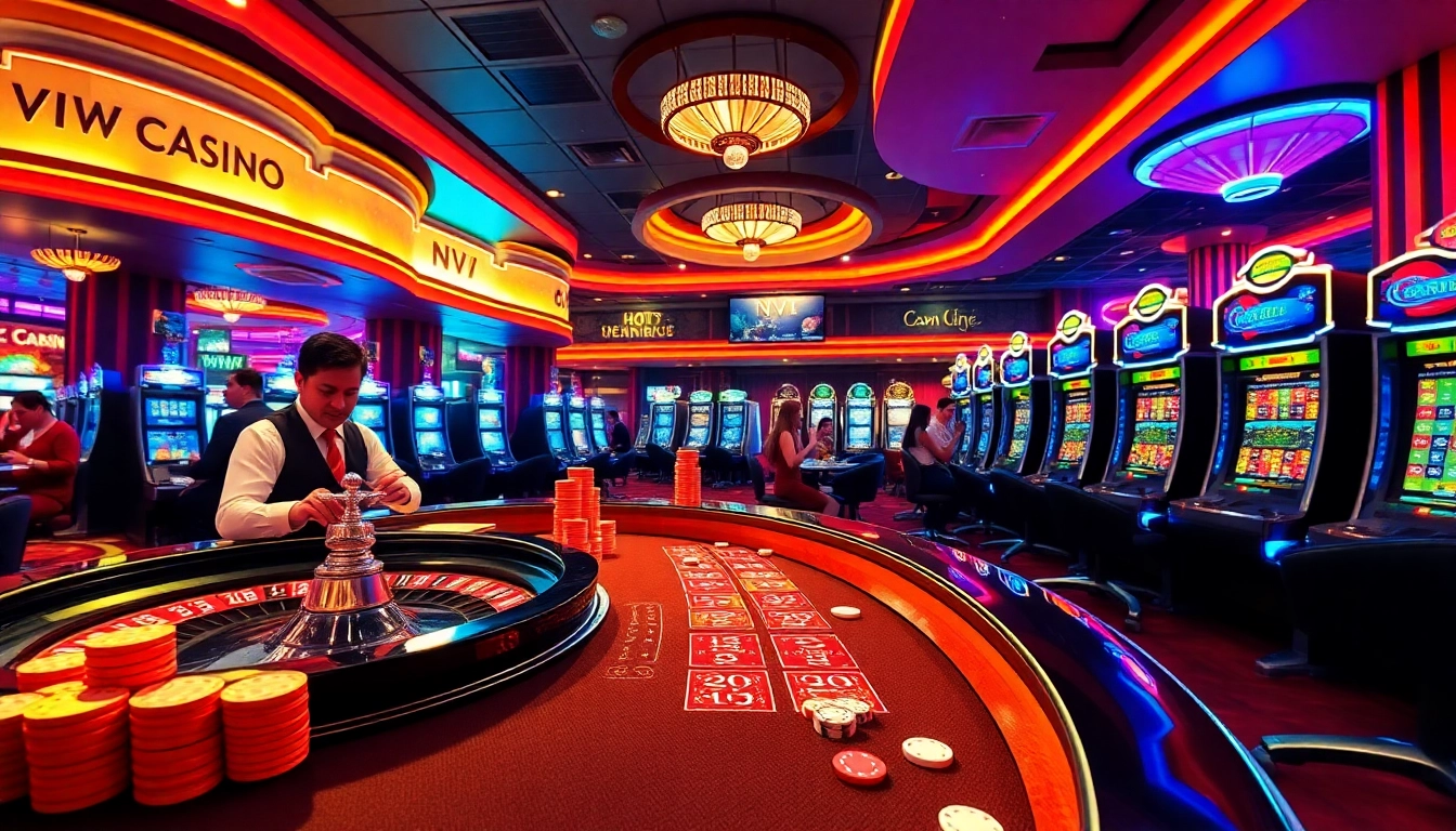 Aufgeregte Spieler gewinnen im NV Casino an farbenfrohen Spielautomaten und Roulettetischen.
