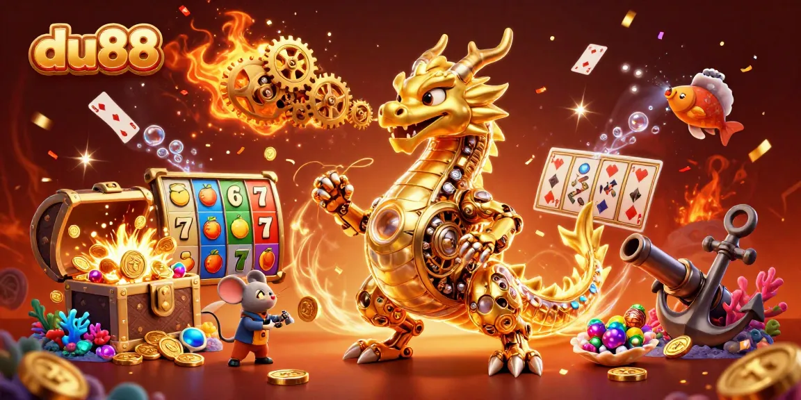 Experience thrilling wins at du88 with vibrant slot reels, gold coins, and a golden dragon!