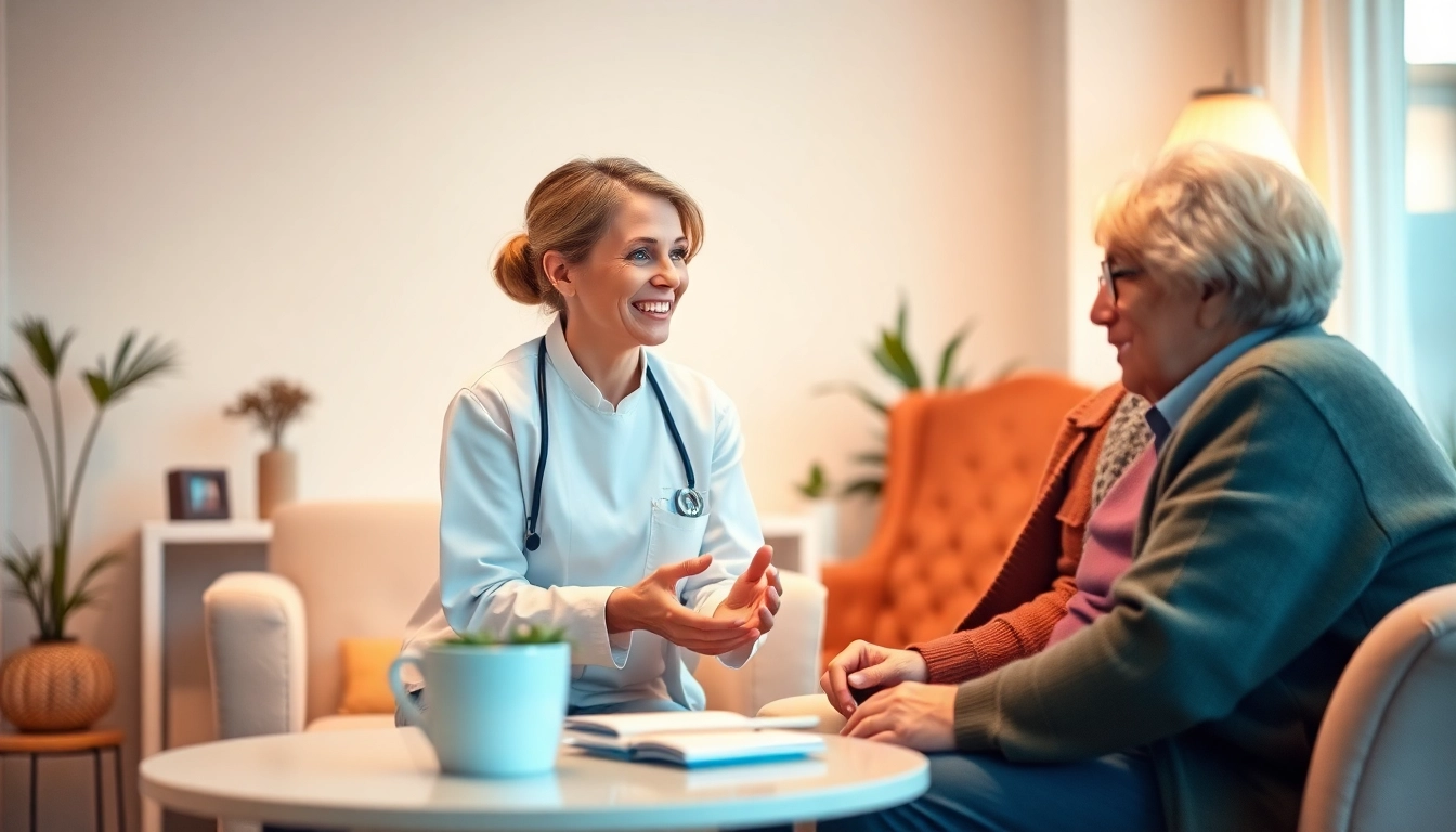 Engaging scene of pflegeberatung köln where a caregiver assists a senior in a comfortable consultation, highlighting compassion and support.