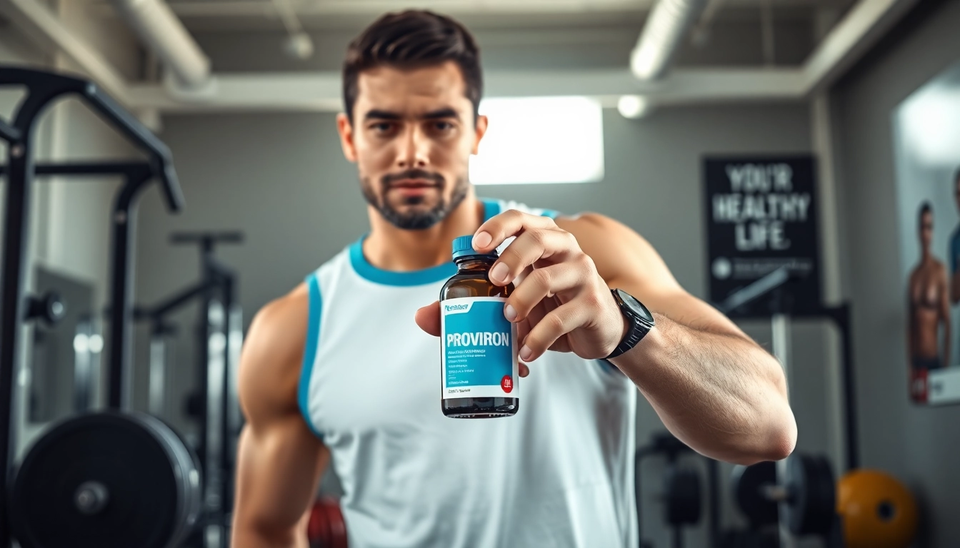 Proviron kaufen für Fitnesssteigerung in einem hellen Gym mit motivierendem Hintergrund.