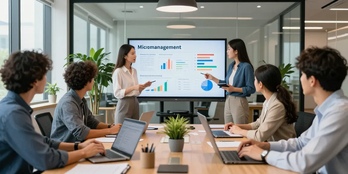 Strategische Sitzung zu micromanagement chef in modernem Büro mit vielfältigem Team, das Daten präsentiert.