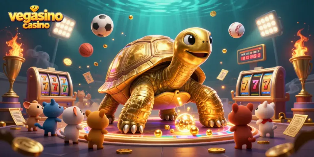 Engage with the vibrant world of vegasino casino, featuring a golden tortoise pinball machine and dynamic gameplay elements.