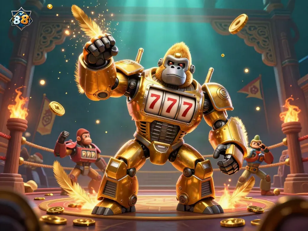 Experience thrilling gaming excitement with tx88's golden gorilla mech amid swirling casino elements and dynamic energy.