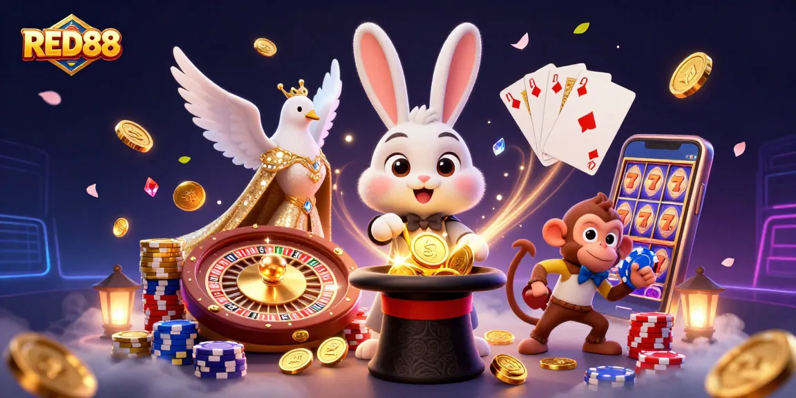 Engage in thrilling gameplay at RED88 with a festive illustration of a magician rabbit, vibrant casino elements, and dynamic action.