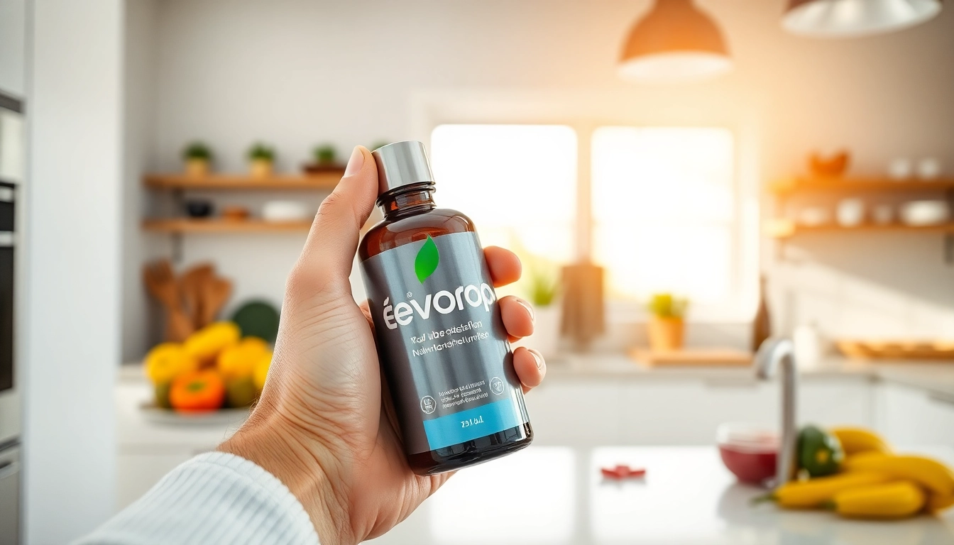 Evodrop Erfahrung: Hand holding Evodrop bottle in a bright kitchen with fresh fruits.