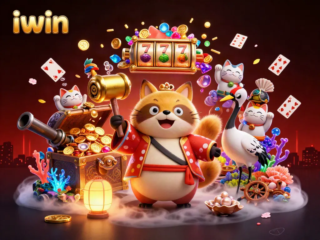 iwin brings excitement with a cheerful tanuki and vibrant casino elements in this captivating scene.