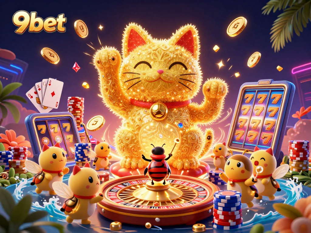 Engage with the world of 9bet casinos through a vibrant 3D illustration filled with lucky symbols and energy.