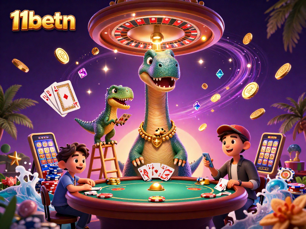 Experience the thrilling atmosphere of 11betn as the dinosaur and clever raptor deal cards with golden treasures scattered around.