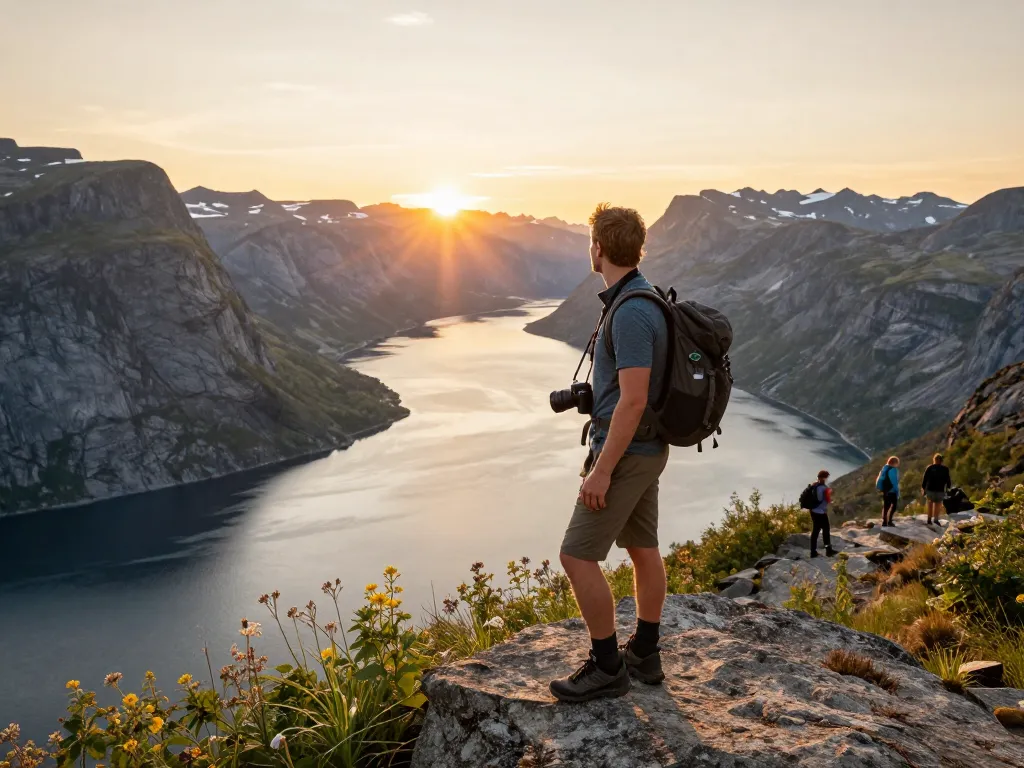 Skandinavische Reisetipps mit einem Wanderer an einem Fjord-Aussichtspunkt bei Sonnenuntergang.