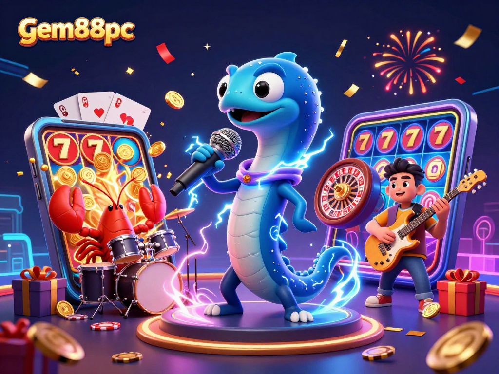 Join the electric eel DJ at a vibrant underwater casino stage with gem88pc entertainment elements.