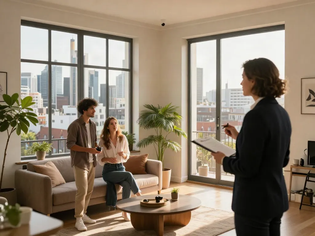 Bester Immobilienmakler Frankfurt präsentiert stilvolle Wohnung mit Stadtblick und modernen Möbeln.
