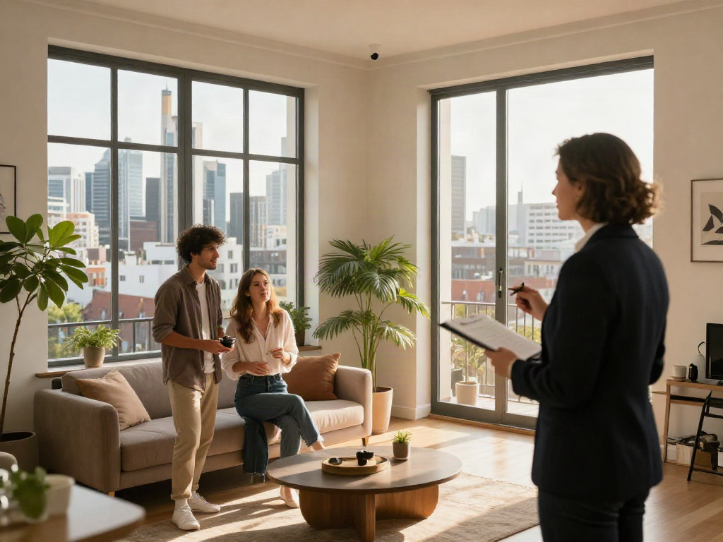 Bester Immobilienmakler Frankfurt präsentiert stilvolle Wohnung mit Stadtblick und modernen Möbeln.