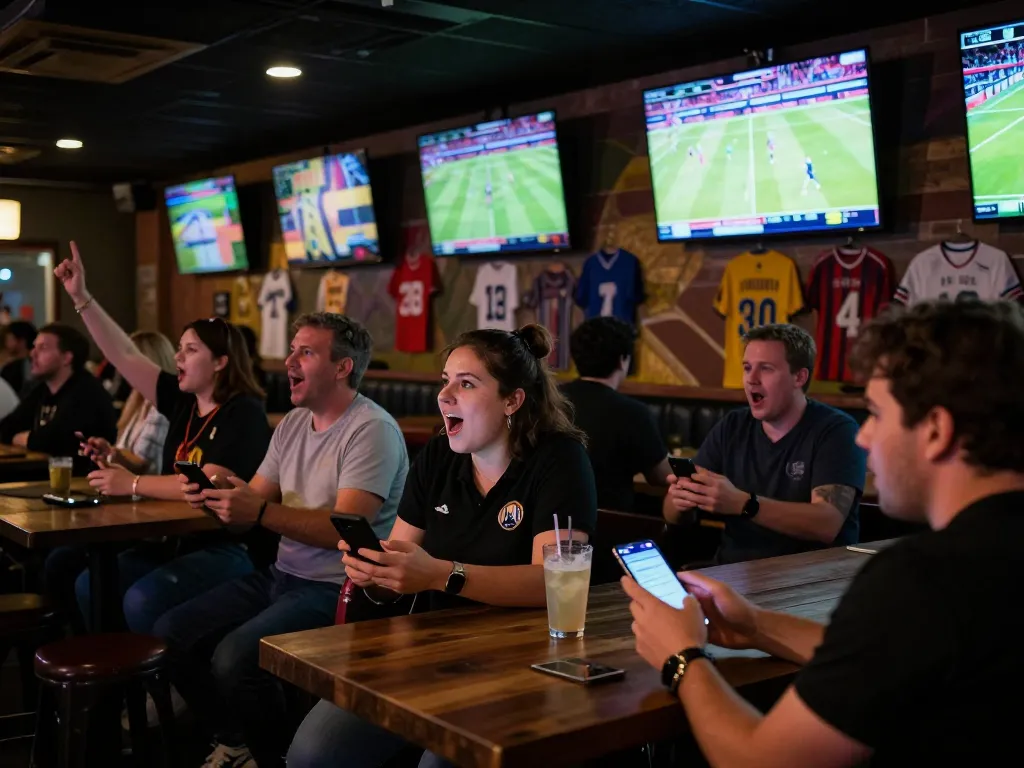 Fans engaging in soi keo nha cai while enjoying live sports at a lively sports bar.