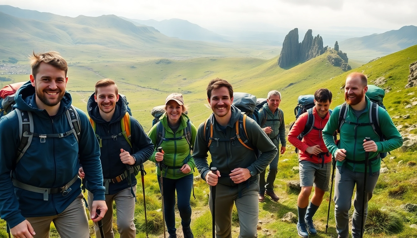 Wandern auf dem Wicklow Way Irland mit einer Gruppe von begeisterten Wanderern in der irischen Natur.