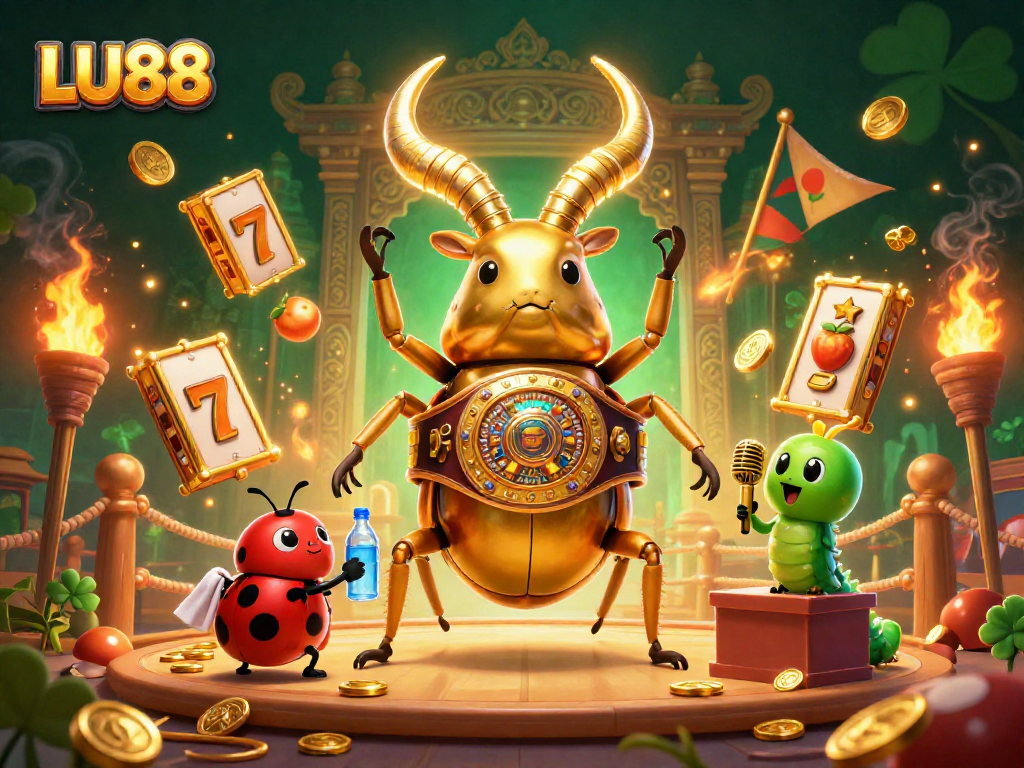 LU88 showcases an epic battle scene with colorful slot elements and engaging characters in a dynamic casino setting.