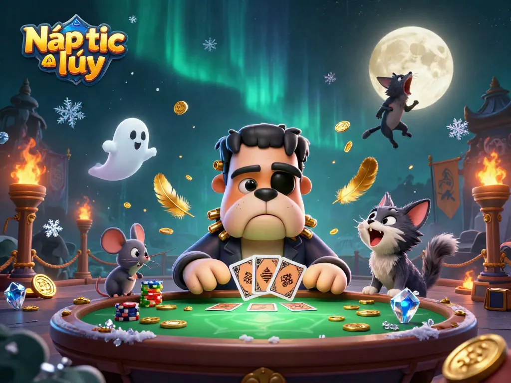 Nạp tích lũy with a cartoon bulldog dealer, ghost mouse, and golden moon for casino events.