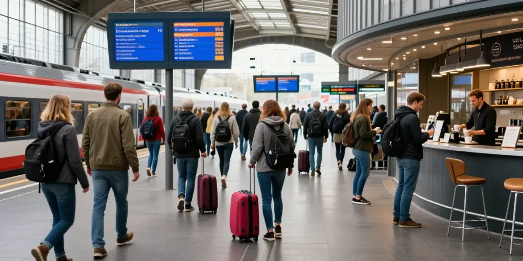 Zugtickets kaufen am geschäftigen Bahnhof in Deutschland während der Hauptverkehrszeit.