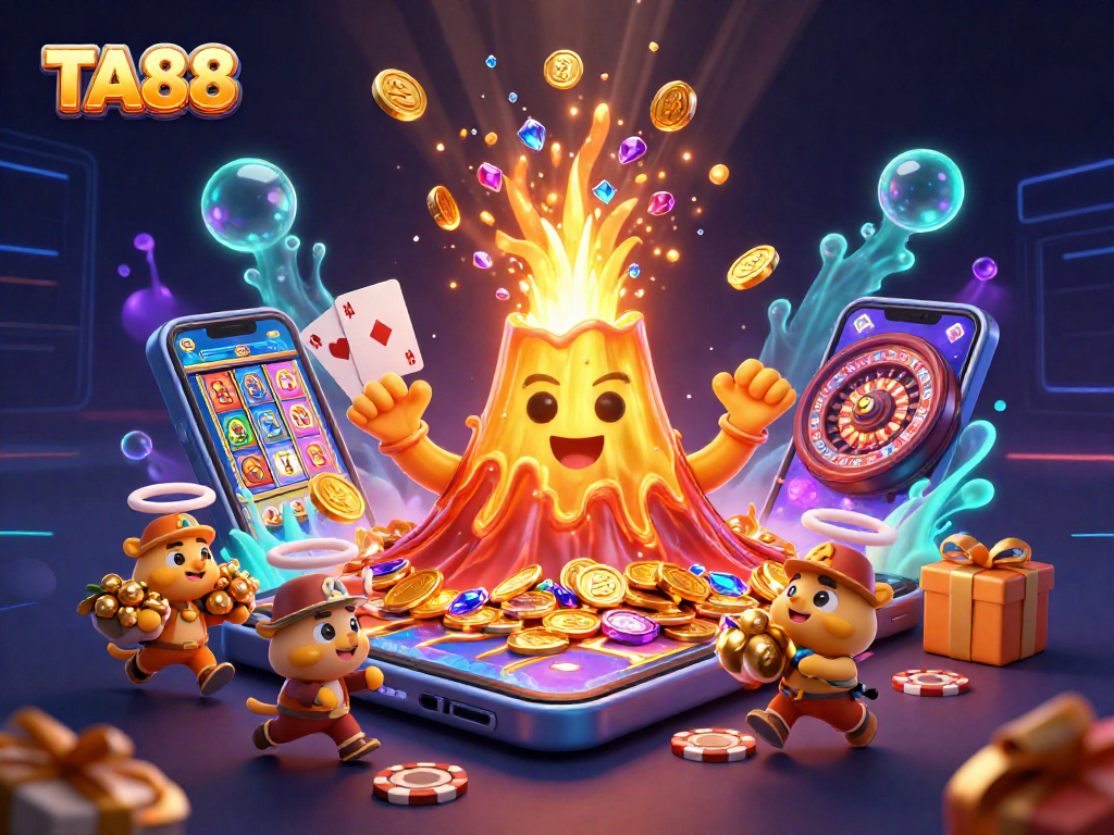 Experience thrilling jackpot victories at TA88 with vibrant 3D illustrations of casino excitement.