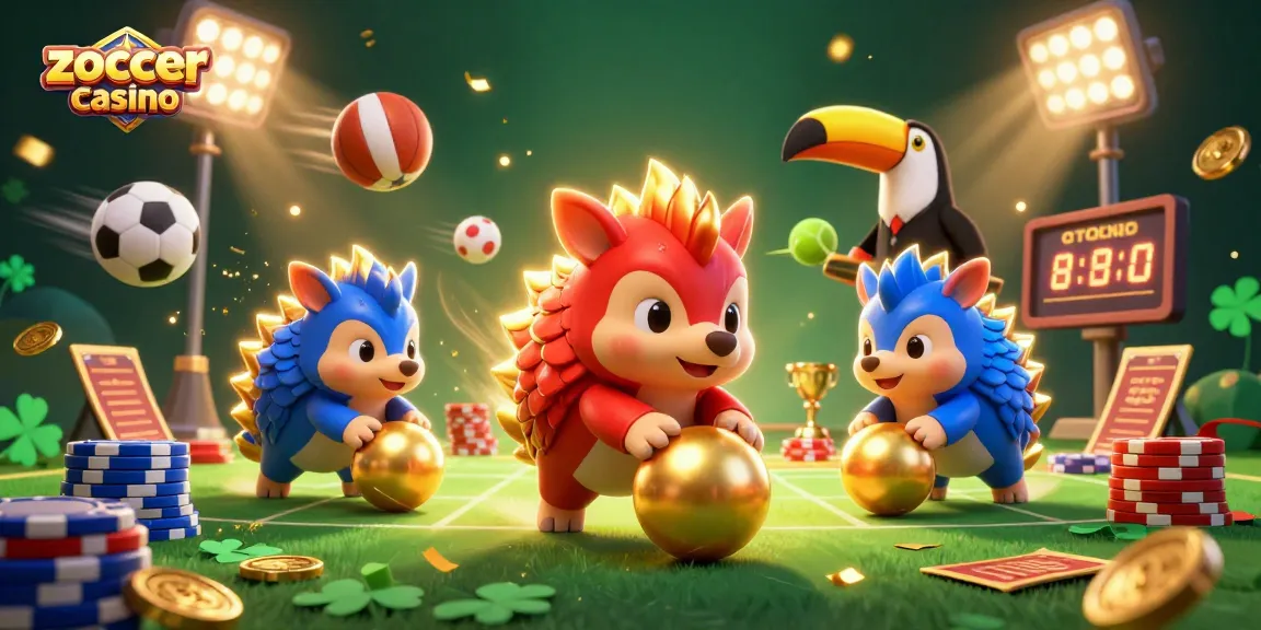 Zoccer Casino showcases an exciting match with vibrant cartoon pangolins, rolling golden balls, and dynamic sports elements.