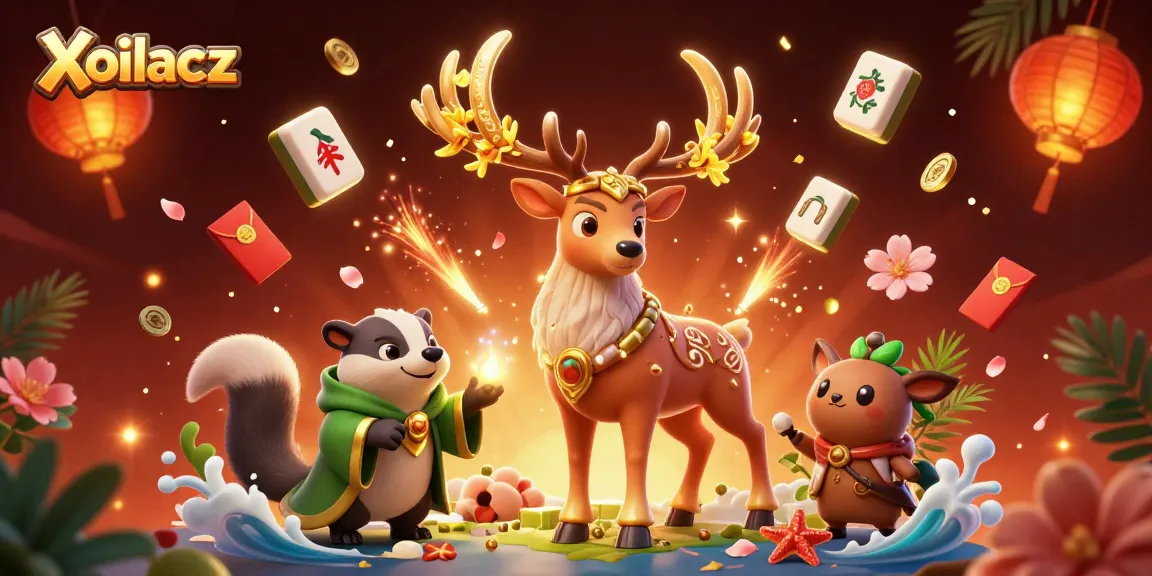 Experience the thrill of Xoilacz with a druid stag and lucky symbols in a vibrant casino scene.
