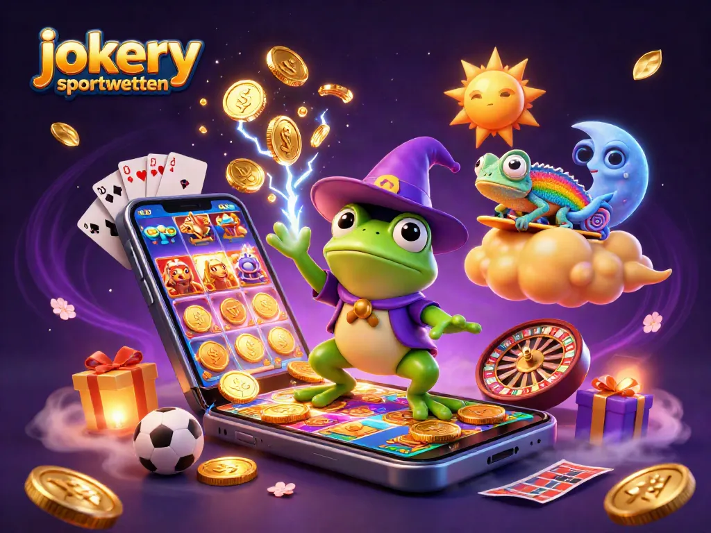 Win at jokery sportwetten with vibrant 3D themed characters and casino elements, capturing dynamic action.