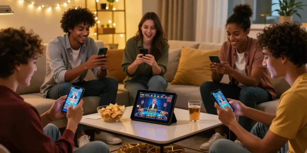 Freunde genießen mobile Casinos mit schneller Auszahlung in gemütlichem Wohnzimmer mit Snacks und Lichtern.
